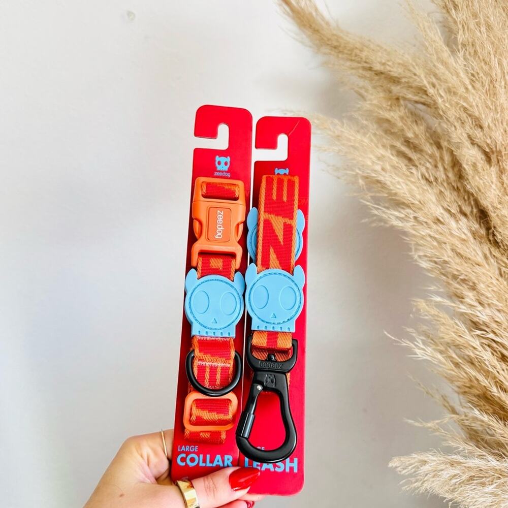 NEW GIBSON Orange Red Blue Large Dog Adjustable $85 Collar Leash 4 Ft Gift Set